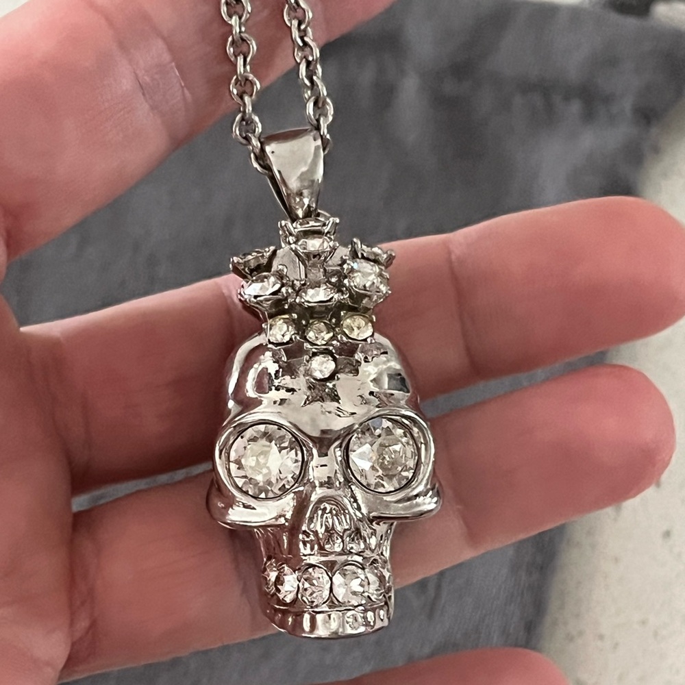 Alexander McQueen Silver toned Crystal Mohawk Skull Pendant Necklace